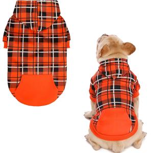 EXPAWLORER Plaid Dog Hoodie - British Style Warm Dog Sweater Shirt with Leash Hole,Pitbull Clothes Outfits,Winter Coat Apparel for All Breeds Puppy Girl Boy-Cat Apparel,Orange Small