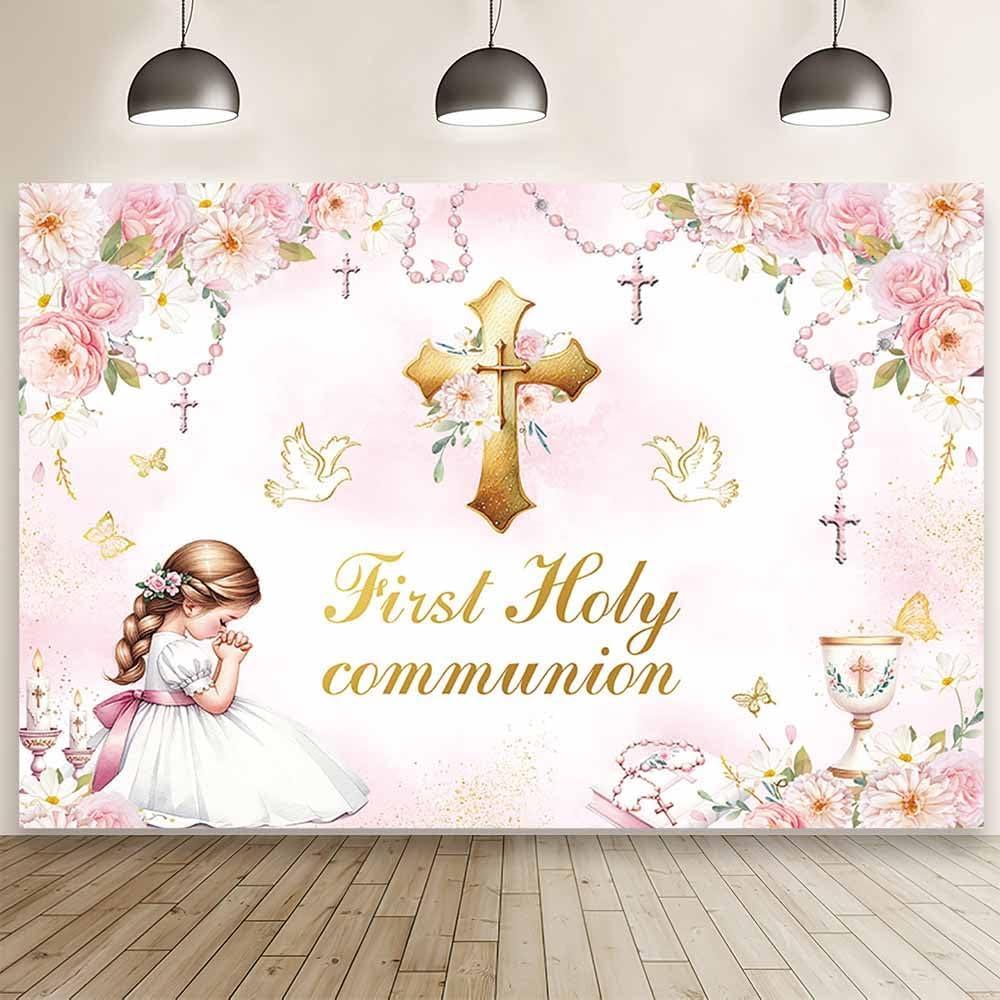 MEHOFOND 7x5ft First Holy Communion Backdrop for Girl Pink Mi Bautizo Photography Background Floral Beads Mi Primera Comunión Party Decorations Golden Cross Pigeon God Bless Party Photo Props