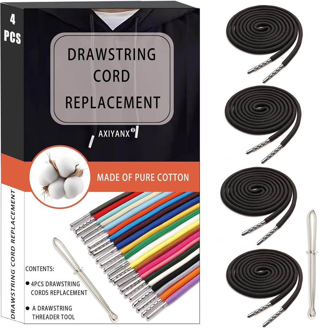 Hoodie String Replacement, Drawstring Replacement for Sweatpants, Shorts, Pants, Jackets | Elastic Drawstring Cord with Drawstring Threader Tool | Universal Replacement Drawstring (2-Pack) (Black)