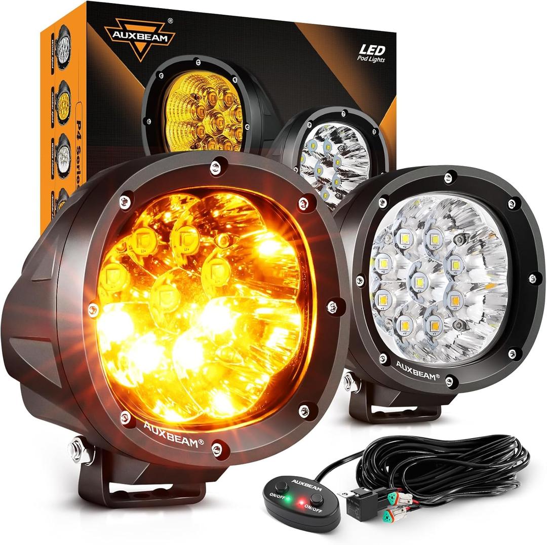 Auxbeam 6 Modes Amber White Round LED Pods, P4 Series 4 Inch 90W Flashing Offroad Strobe Lights, Dual Color Warning Off Road Fog Lights, 4x4 ATV Car Truck Spotlights, Pair