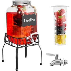 OneDream Glass Drink Dispenser for Parties, 1Gallon Beverage Dispenserd with Stand, Lemonade Dispenser with Stainless Steel Spigot and Fruit Infuser, Come with Ice Cylinder, Used as Sun Tea, Juice
