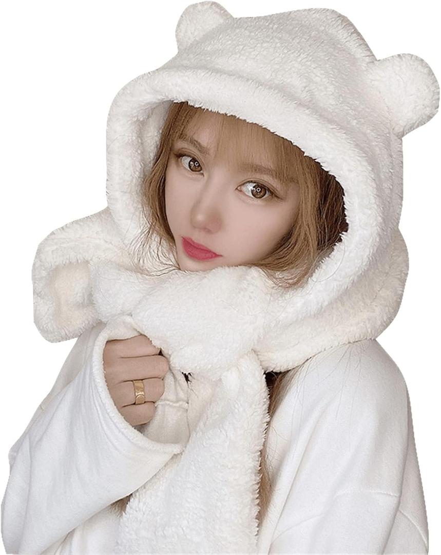 Women Kawaii Bear Ear Beanie Hat Scarf 2 in 1, Cute Winter Warm Sherpa Thicken Fleece Fuzzy Japanese Fluffy Knit Hat (7-7 1/8, White)