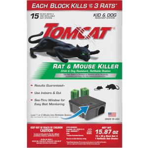 Tomcat Rat & Mouse Killer, Child & Dog Resistant Refillable Station Tamper-Resistant Indoor/Outdoor Bait Station with Clear Monitoring Window, 1 Station and 15 Bait Blocks