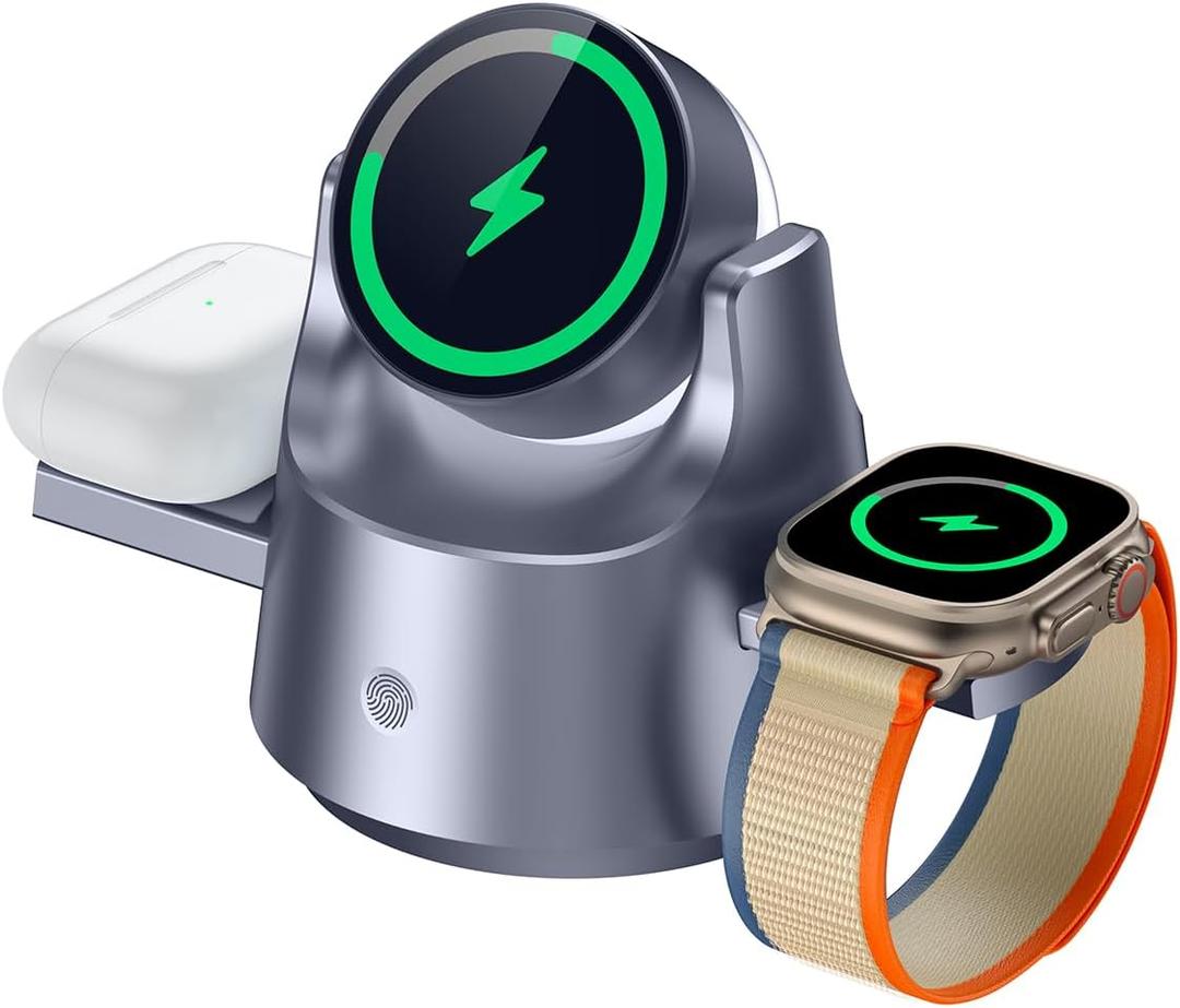 4-in-1 Magnetic Wireless Charging Station with Night Light  Fast Charger Dock for iPhone 17/16/15/14/13, Apple Watch, AirPods  Adjustable Angle MagSafe-Compatible Desk & Bedside Charging Stand (Grey)