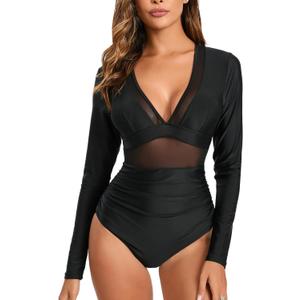 NESY Women's Long Sleeve Rash Guard Swimsuits One Piece Bathing Suit UV Protection Surfing Suit Zipper Printed Swimwear (Medium, Black)