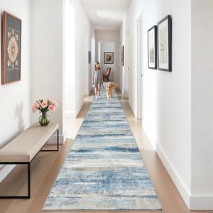 YOUFORTONG 3x25 Runner Rug Washable - Indoor Extra Long Hallway Rug with Non Slip Backing Low Pile Satin Resistant Carpet for Kitchen Entryway Living Room Home Decor Thin Mat for Stair 3X25 Blue