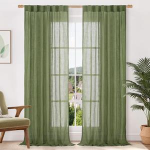 LAMIT Sage Green Sheer Linen Curtains 84 Inch Length for Living Room, Light Filtering Spring Decor Panels Back Tab and Rod Pocket Boho Drapes for Bedroom/Sliding Glass Door, 2 Panels, 52 x 84 Inch