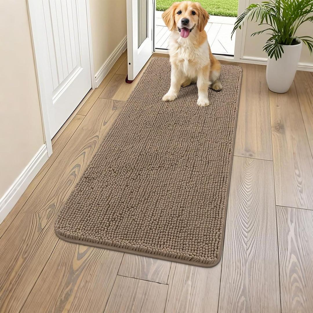 Smiry Dog Door Mat for Muddy Paws 47x20, Absorbs Moisture and Dirt Doormat, Non-Slip Washable Quick Dry Chenille Front Door Mat Indoor Entrance, Entryway Carpet for Inside Floor, Camel