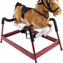 Spring Rocking Horse - Plush Bouncy Ride-On Toy with Fun Sounds, Wood Handles, and Adjustable Stirrups for Kids Ages 3 to 6 by Happy Trails (Brown), 29 inches x 11 inches x 25 inches