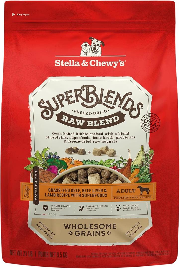 Stella & Chewy's SuperBlends Raw Blend Wholesome Grains Grass-Fed Beef, Beef Liver & Lamb Recipe with Superfoods, 21 lb. Bag