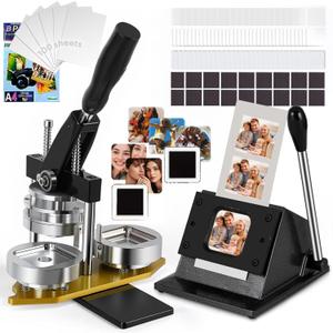 2x2in Square Photo Fridge Magnet Maker Machine Kit, DIY Magnet Button Press Machine+Paper Cutter+100pcs Consumables, Custom Magnet Button & Badges