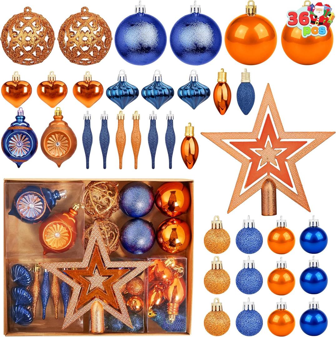 Joiedomi 36 Pcs Blue and Orange Christmas Tree Ornaments with Star Topper and Heart, Shatterproof Christmas Ball Ornaments Set, Assorted Xmas Hanging Decorations for Tree Wreath Garland Holidays