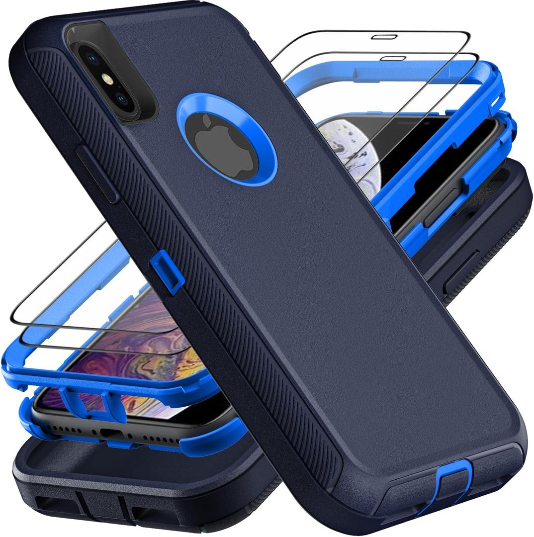 iPhone X/iPhone Xs Case, Military Grade 3 in 1 Heavy Duty Shockproof/Drop Proof/Dust Proof Case with 2Pcs Tempered Glass Screen Protector, Navy Blue