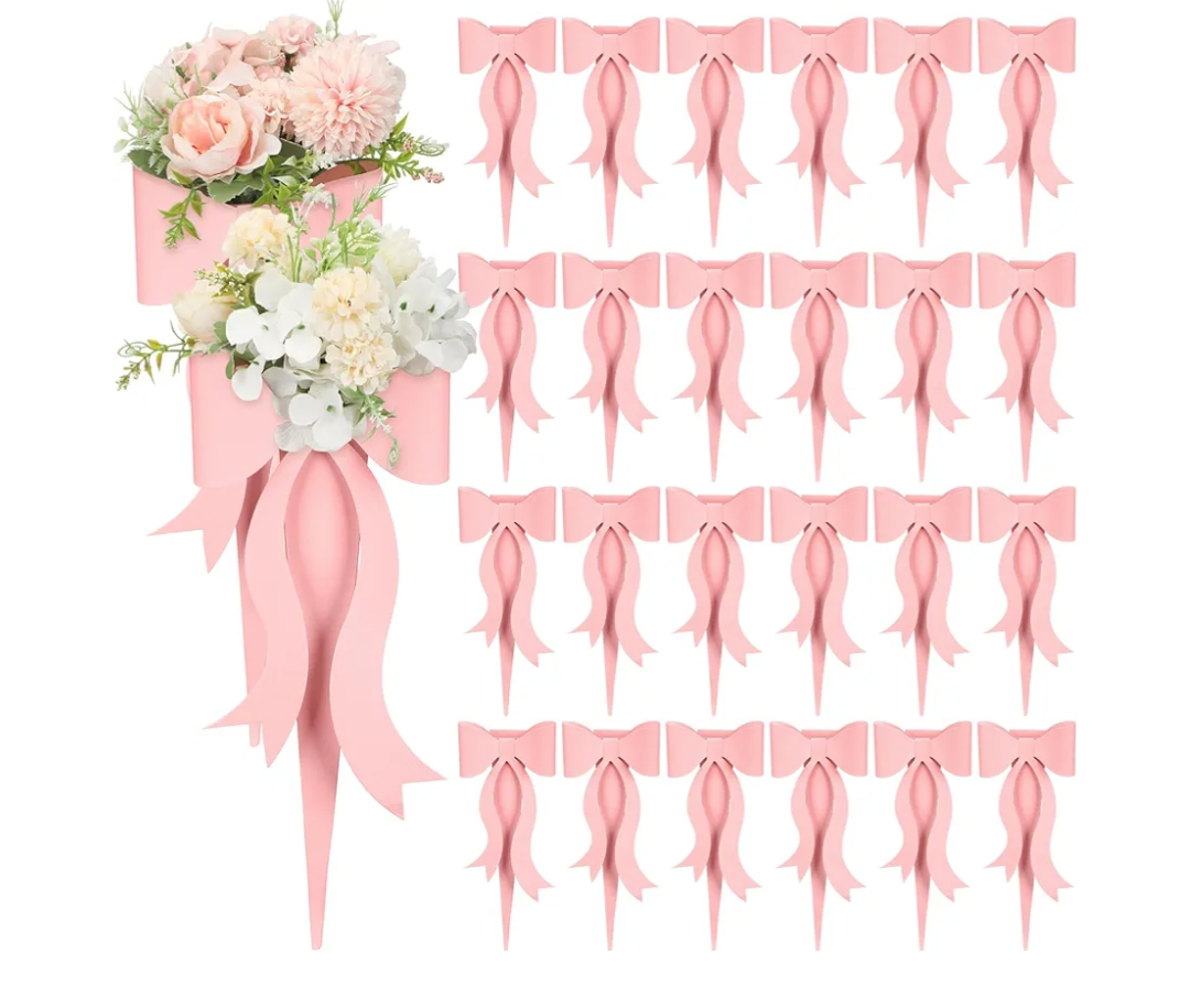 Lerheedi 24 Pcs Flower Bouquet Holder Mother's Day Single Rose Bow Theme Bags DIY Flower Wrapping Paper for Wedding Valentine Graduation Birthday Floral Arrangement(Pink)