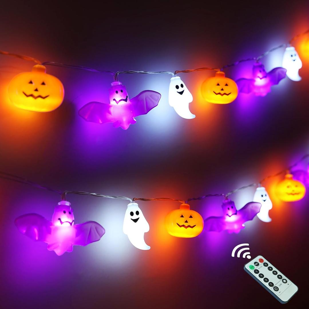Halloween String Lights, 16.4FT 30 LED Pumpkin Bat Ghost Battery Operated Orange and Purple Lights Strobe 8 Lighting Modes Timer Fairy Indoor Outdoor Window Front Porch Decor Party Decorations