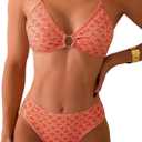 Fanuerg Women's Triangle Bikini Sets O Ring Linked Two Piece Swimsuits Floral Printed Cheeky Bathing Suit (Large)