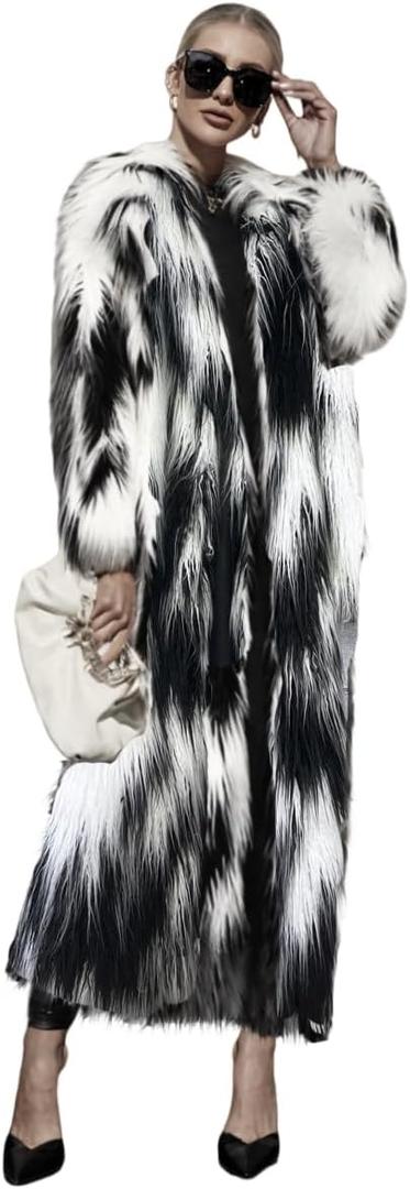 Shaggy Fluffy Faux Fur Coat Black and White Sweater Women's Extend Ankle Puffy Outwear, Small