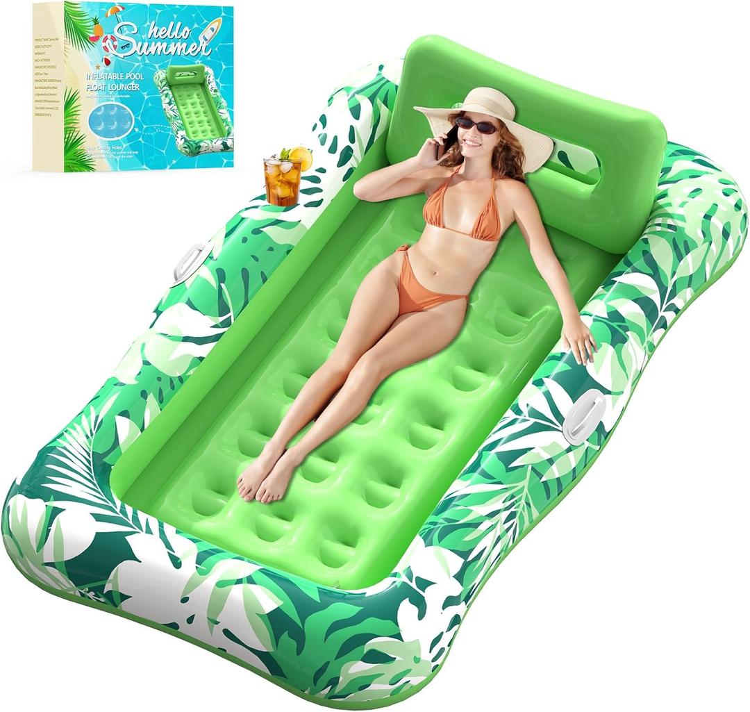 Pool Floats Adult,76"x48" XL Inflatable Tanning Pool Lounger Float with Pillow,4 in 1 Suntan Tub Sunbathing Raft Floatie Water-Filled Mattress Kids Pool Ball Pit,Perfect for Party&Relax,Green