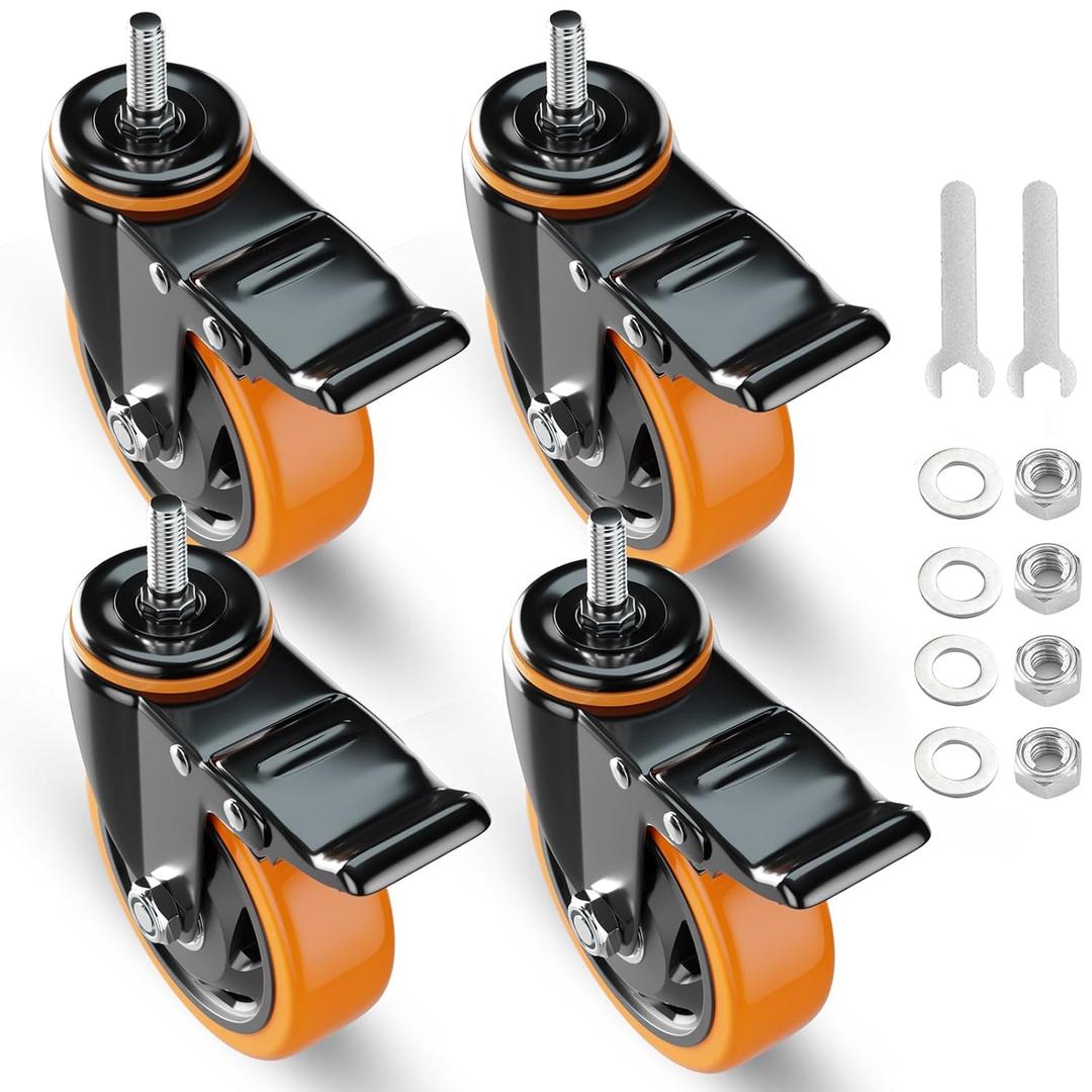 Stem Caster Wheels 3 Inch Heavy Duty Threaded Stem Casters UNC 3/8"-16 x 1 Swivel Casters Set of 4 with Safety Dual Locking Wheel for Furniture and Cart
