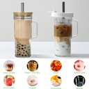 Birity 24oz Ribbed Glass Cup with Lids and Straws,2Pack Glass Tumbler with Handle,Reusable lced Coffee Cups with lids-Glass Cups with Lids,Mason Jar Cup for Smoothie,Coffee,Juice,Water,Tea,Travel Mug