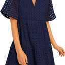 PRETTYGARDEN Eyelet Dresses for Women 2026 Summer Short Sleeve V Neck Hollow Out Ruffle A Line Boho Beach Vacation Mini Dress Large