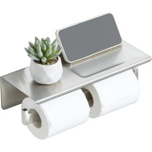 Alise Double Toilet Paper Holder,Bathroom Tissue Holder with Shelf,SUS304 Stainless Steel Toilet Paper Roll Holder Storage Dispenser,Self Adhesive or Wall Mount Drilling Paper Rack,Brushed Nickel