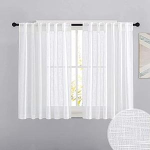 RYB HOME White Curtains for Bedroom - Linen Textured Semi Sheer Curtains Privacy for Bedroom Bathroom Kitchen Dining Office Window, 35 x 20  inches Long, 2 Pcs