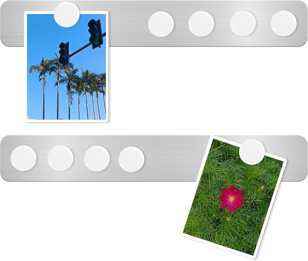 Magnetic Bulletin Board Magnet Board, Frameless Stainless Metal Board Strip, Magnetic Strips with Adhesive Backing Small Memo Display Board with 10 Pcs White Magnet, for Kitchen Office (2 PCS)