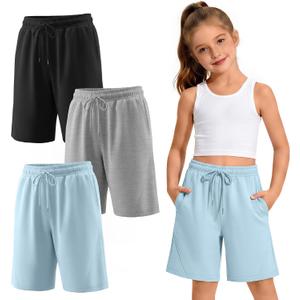 3 Pack Girls' Bermuda Long Shorts 5-14Y | Bermuda Shorts, Athletic, Long Short, Drawstring, Sweatshorts Pocket, for Summer, Casual, for Girls, Kids, Teen, 5-14Y
