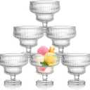 Set of 6 Glass Ice Cream Bowls, 10 Oz Vintage Heavy Base Footed Dessert Cup Set, Stripes Clear Embossed Glass Serving Bowls for Sundae, Ice Cream, Fruit, Parfait