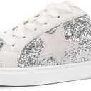 PARTY Women's Fashion Star Sneaker Lace Up Low Top Comfortable Cushioned Walking Shoes (7.5, Silver Glitter Suede)
