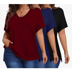 Ficerd 3 Pack Plus Size V Neck T-Shirts for Women, Short Sleeve Split Side High Low Hem Tunics Tops Basic Summer Tee Blouses 3XL