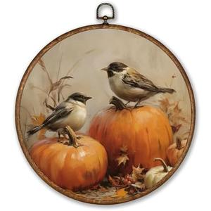 Voxitura Farmhouse Fall Pumpkin Bird Wall Art Round Framed, Vintage Rustic Wall Decor Canvas Hanging Living Room, Autumn Paintings Prints Artwork Decorations for Bedroom Thanksgiving Halloween 10x10in