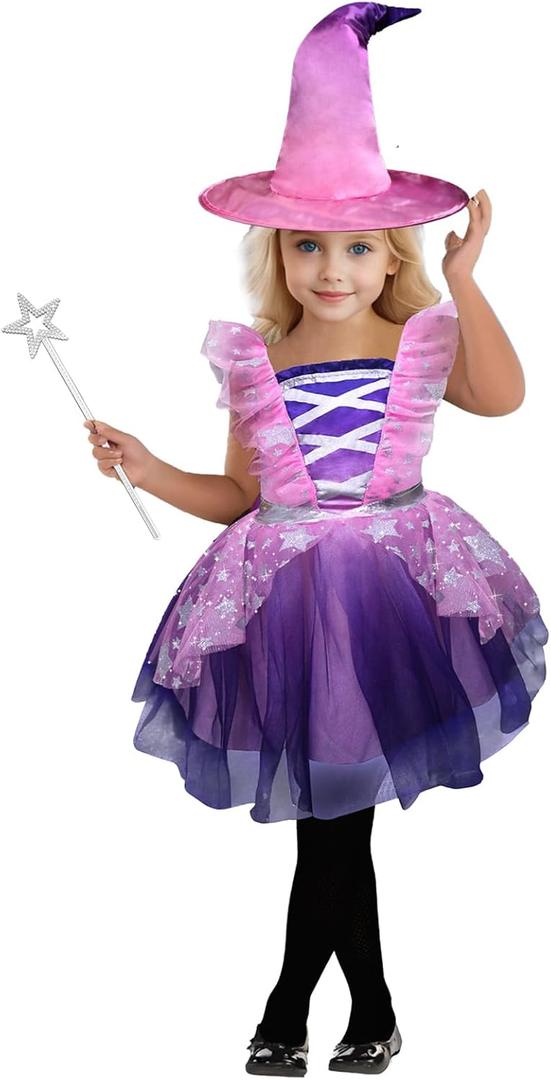 Witch Costume for Girls Princess Dress with Hat and Wand Party Halloween Costumes for Kids (Small(4-6Y), Pink)