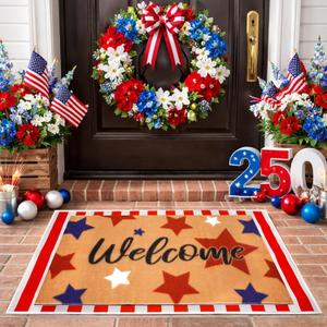 2 Pcs 4th of July Welcome Doormat- Outdoor Patriotic 250th Anniversary America Stars Door Mat, Front Rubber Non Slip Backing Floor Mats for Home Decoration Entryway Entrance Porch Decor