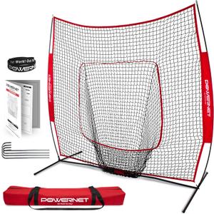 PowerNet Baseball Softball Practice Net 7x7 with Baseball Accessories for Practice Pitching, Batting & Fielding, Ball Caddy, Weighted Baseballs, Tee (Red)