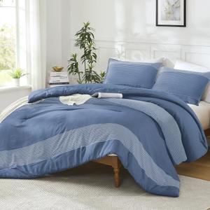 Litanika Comforter Set King Size Sapphire Blue - 3 Pieces Lightweight Sapphire Blue White Colorblock Stripe Fluffy Bedding Comforter Sets, All Season Bed Set
