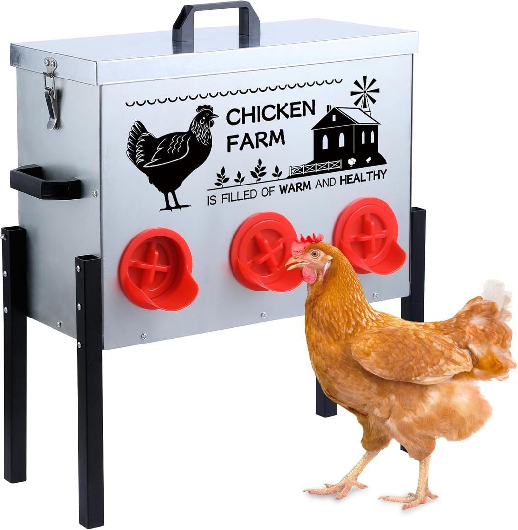 Automatic Chicken Feeder 25lbs, Galvanized Metal Poultry Feeder with 6 Ports - Rainproof & Rodent Proof No Waste Chicken Food Dispenser for Backyard Coop, Farm, Ducks, Turkeys & Hens