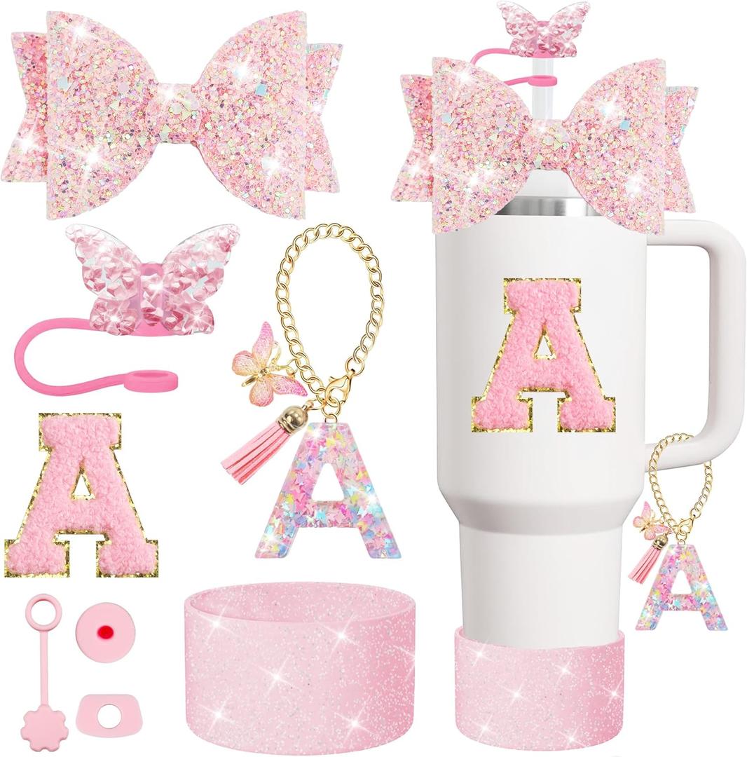XIANGYUAN 8PCS Stanley Cup Accessories Set for Stanley Cup 30oz 40oz Tumbler with Handle,Including Straw Topper Cover Cap and Boot,Spill Proof Stopper,Handle Charm,Initials Sticker (Pink A)