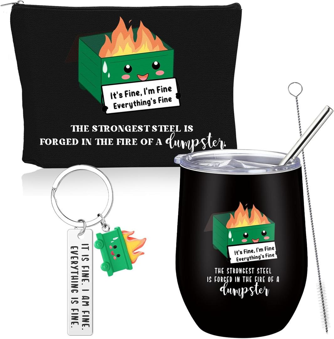 Sieral 3 Sets Dumpsters Gifts Valentine Funny Keychains 12oz Stainless Steel Tumbler Makeup Bag Valentines Day Coworker Gifts Emotional Support Bulk for Coworkers Staff Team Office