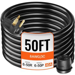 VEVOR Welder Extension Cord 40Amp 50ft 250V, Welding Power Cord with NEMA 6-50 Plug 10 Gauge 3 Prong for MIG,Lincoln,Plasma,Miller,TIG