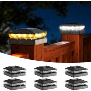 Solar Post Cap Lights Outdoor, 6 Pack Upgraded Waterproof Deck Fence Post Solar Lights for 3.5x3.5 4x4 5x5 Vinyl/Wood Posts, 10-12 Hours Warm/Cool White Glow for Garden/Patio/Porch - Black