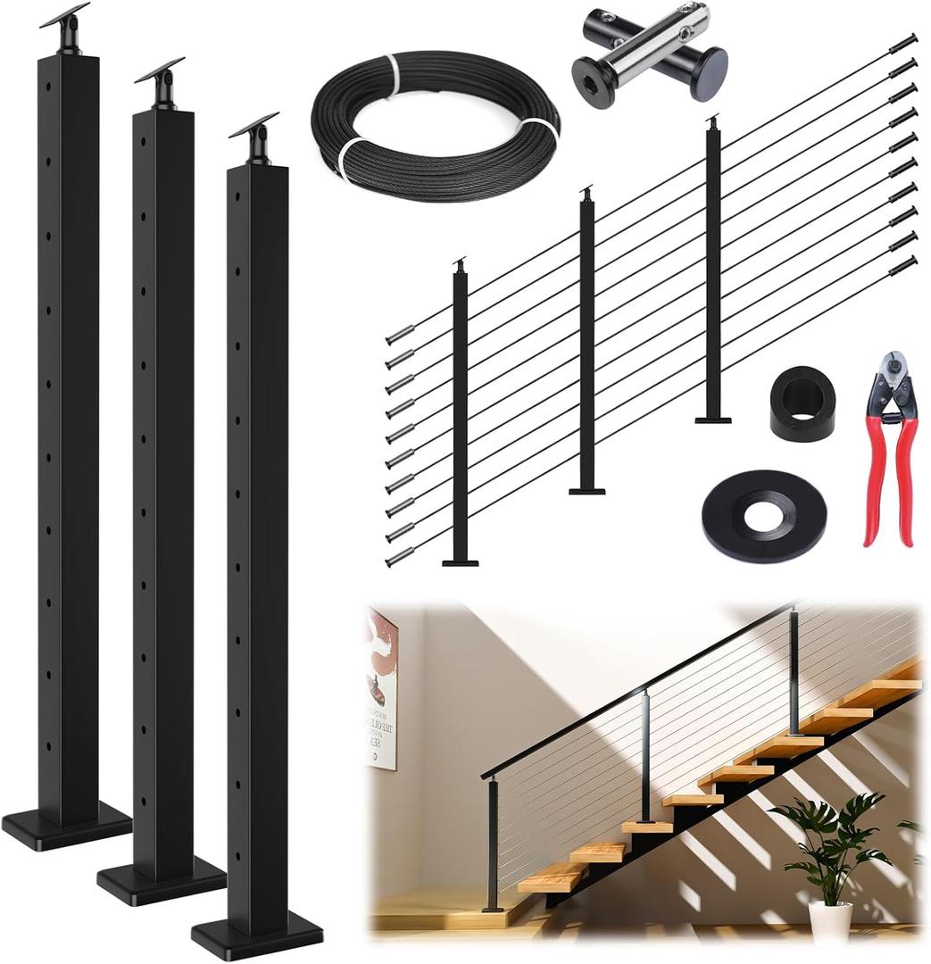 Muzata 10-15ft Complete Set 36" Stair Cable Railing Post Kit for 25-35 Stair Include 3Pack Black Posts PS01, 200ft Wire Rope, Cable Railing System DIY Kit (No Handrail) RWS1 BA4S