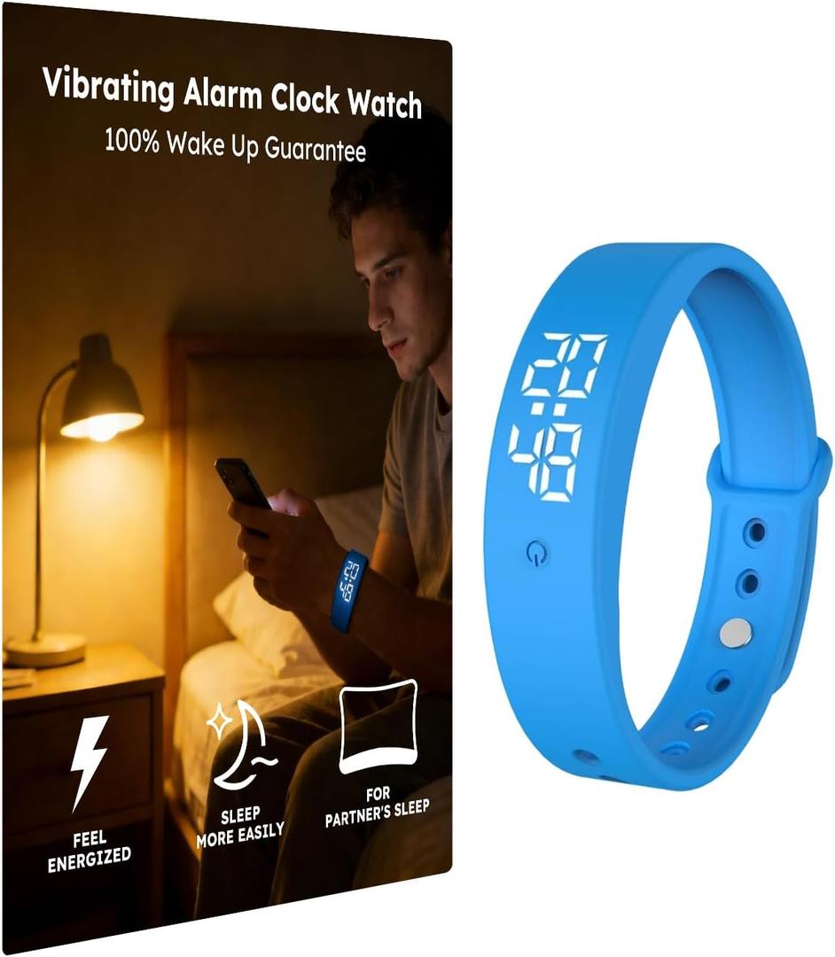 Vibrating Alarm Clock Watch for Heavy Sleepers, Silent Wake Up Bracelet & Smart Wristband, Wearable Vibration Wrist Alarm, Non-Audible Sleep Wristband for Men & Women (Blue)