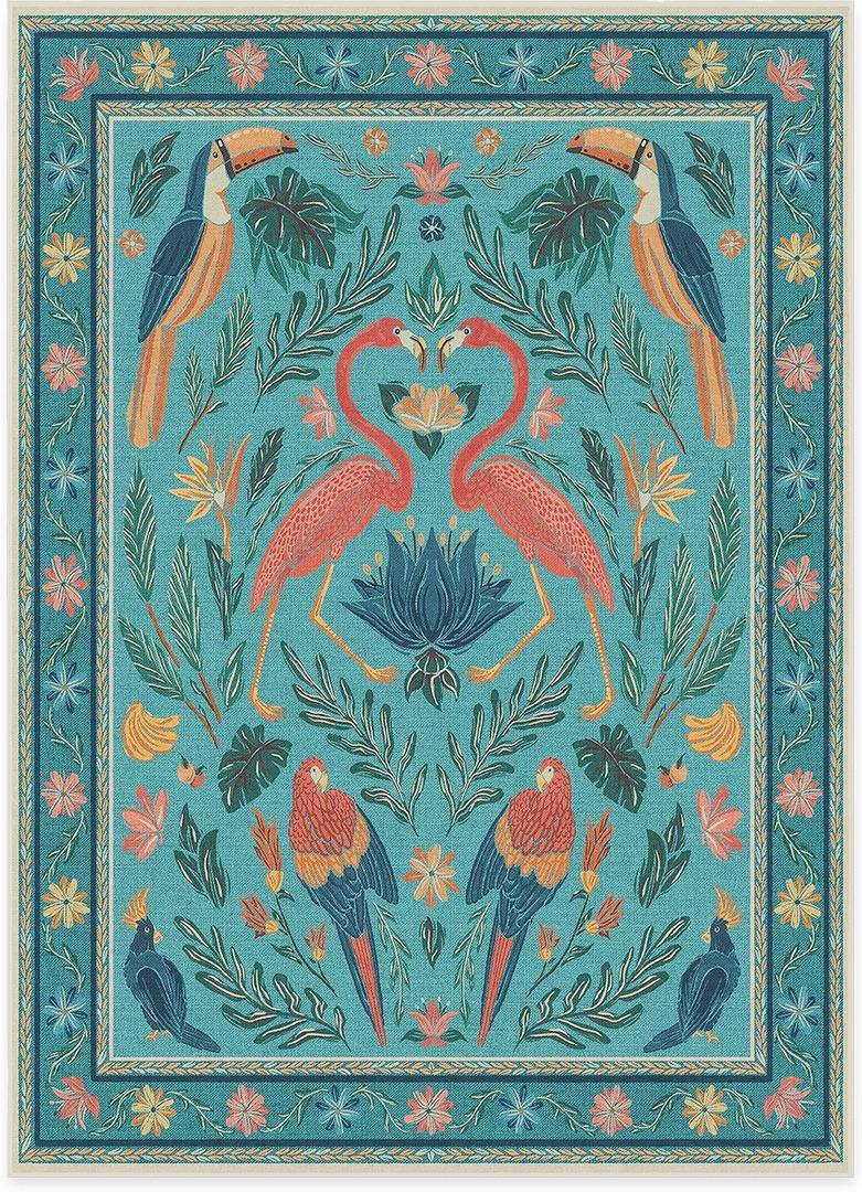 Ruggable Washable 5x7 Area Rug, Birds Of A Feather Aqua, Premium Modern Rugs for Living Room, Bedroom, Kitchen, Office, Classroom with Gripper Non Slip Pad, Iris Apfel (5'x7' (Standard Pad))