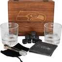 The Memory Company Licensed NFL Wood Boxed Drinkware Gift Set - Includes 2 Premium Rock Glasses, Cooling Cubes, Tongs, and Coasters, Seattle Seahawks
