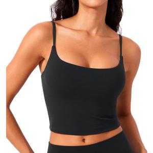 CRZ YOGA Butterlift Womens Scoop Neck Longline Sports Bra - U Back Adjustable Straps Workout Crop Tank Top with Built in Pads, Large, Black 
