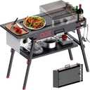 OOX Portable Grill Table with Double-Shelf for Outdoor Prep,Folding Grill Stand, Tabletop Propane Gas Grill Cart, Camping BBQ Cooking, Stainless Steel, Black  , Size 30×16 in.