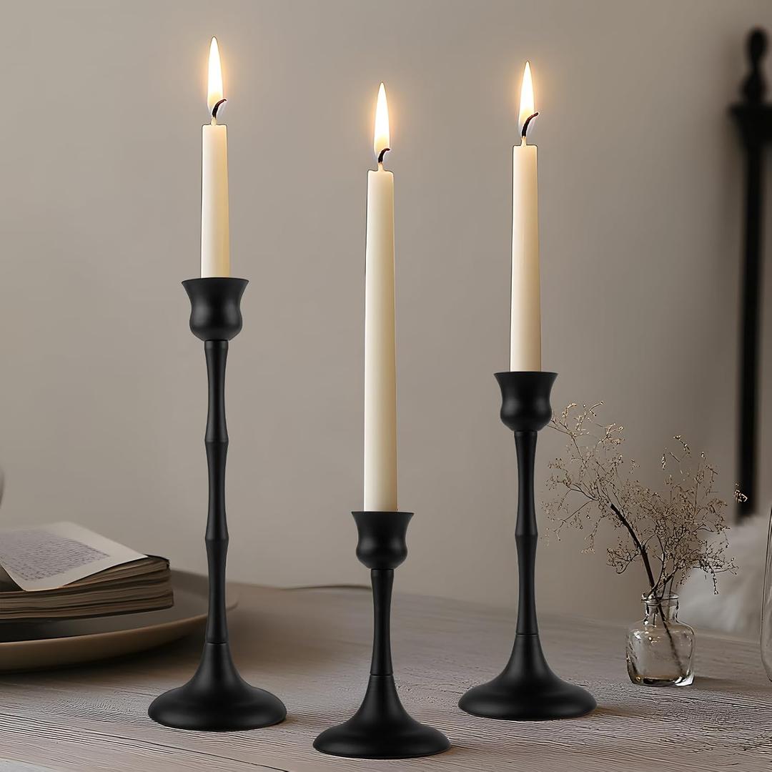 Vintage Metal Candlestick Holders, Set of 3 Black Candle Holders for Candlesticks Antique Taper Candle Stand Candle Sticks Holder for Housewarming Wedding Mantelpiece Table Centerpiece Decor