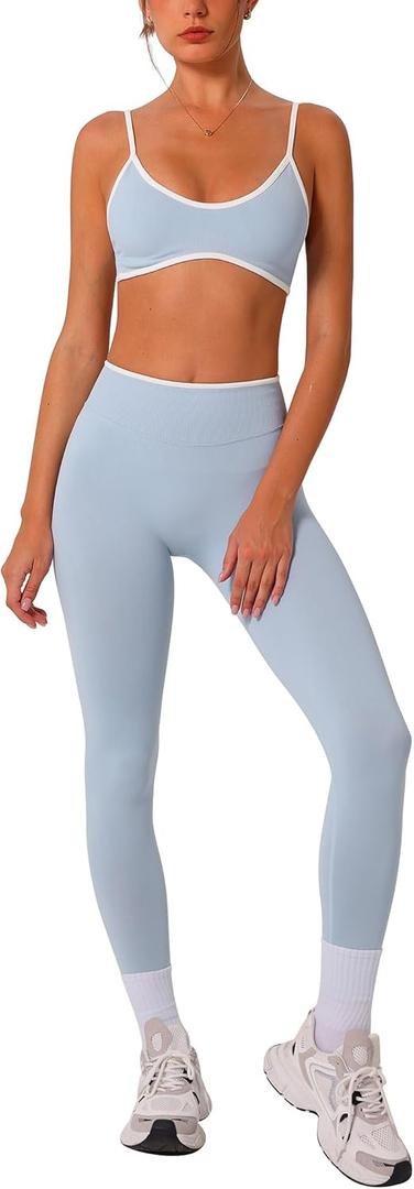 ABOCIW Womens 2 Piece Workout Sets Seamless Color Block Sports Bra Scrunch Butt Lifting High Waist Leggings Gym Set (Blue, S)
